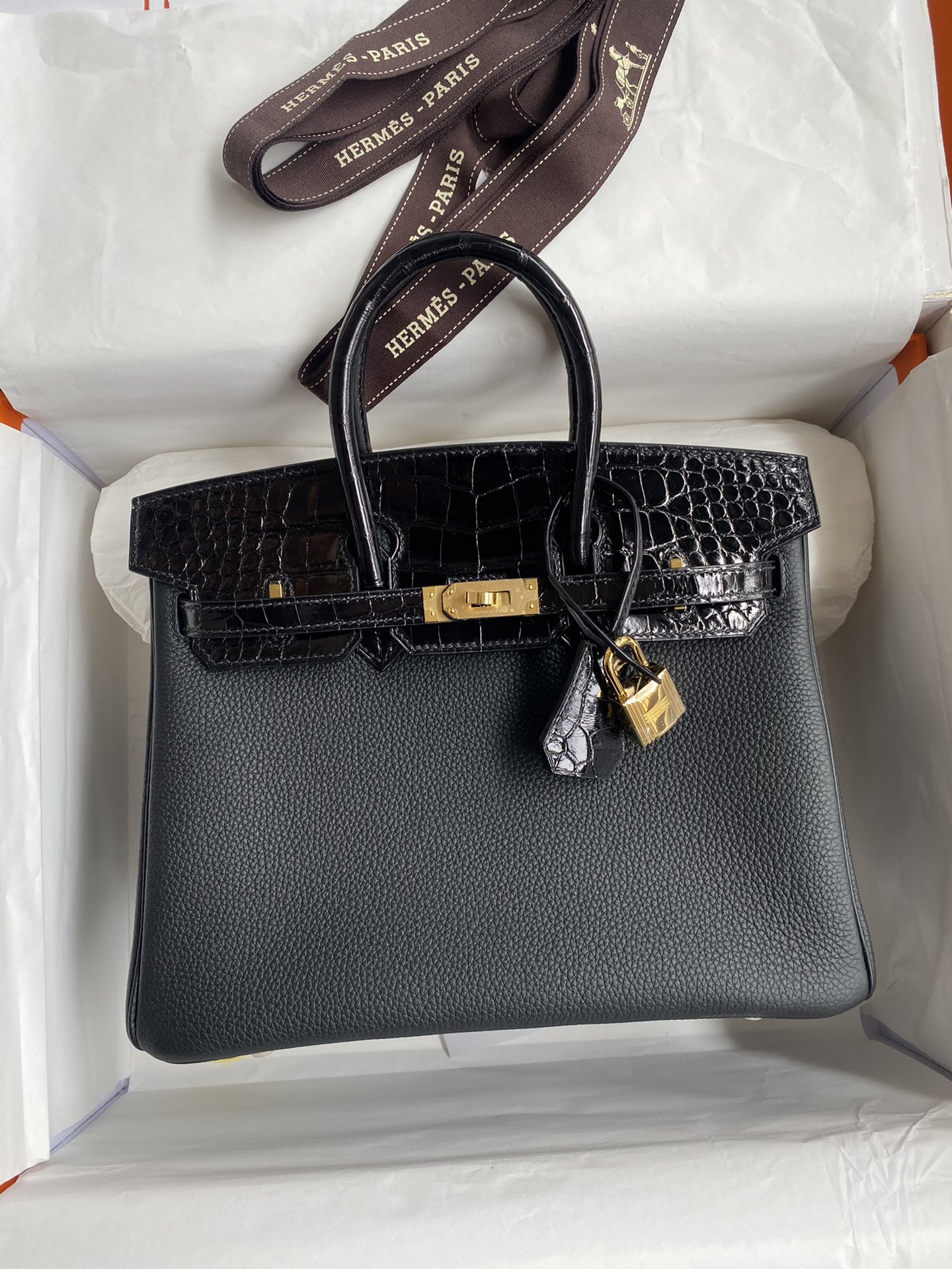 Hermes Touch Birkin 25CM Bag In Black Togo and Shiny Alligator Crocodile Leather